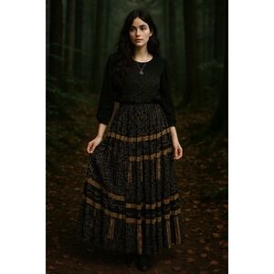 Multiples Maxi Skirt‎ Womens M Floral Tiered Pleated Sheer Dark Boho Cottagecore